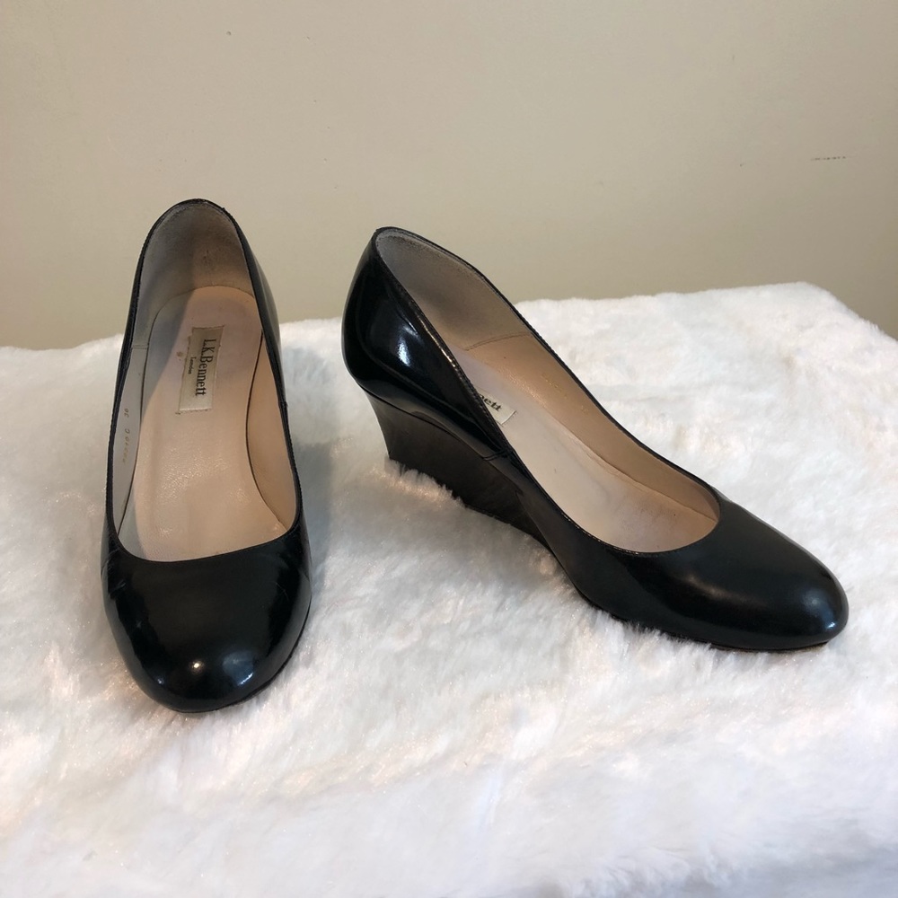 L.k. Lk bennett black patent leather Zahara wedges